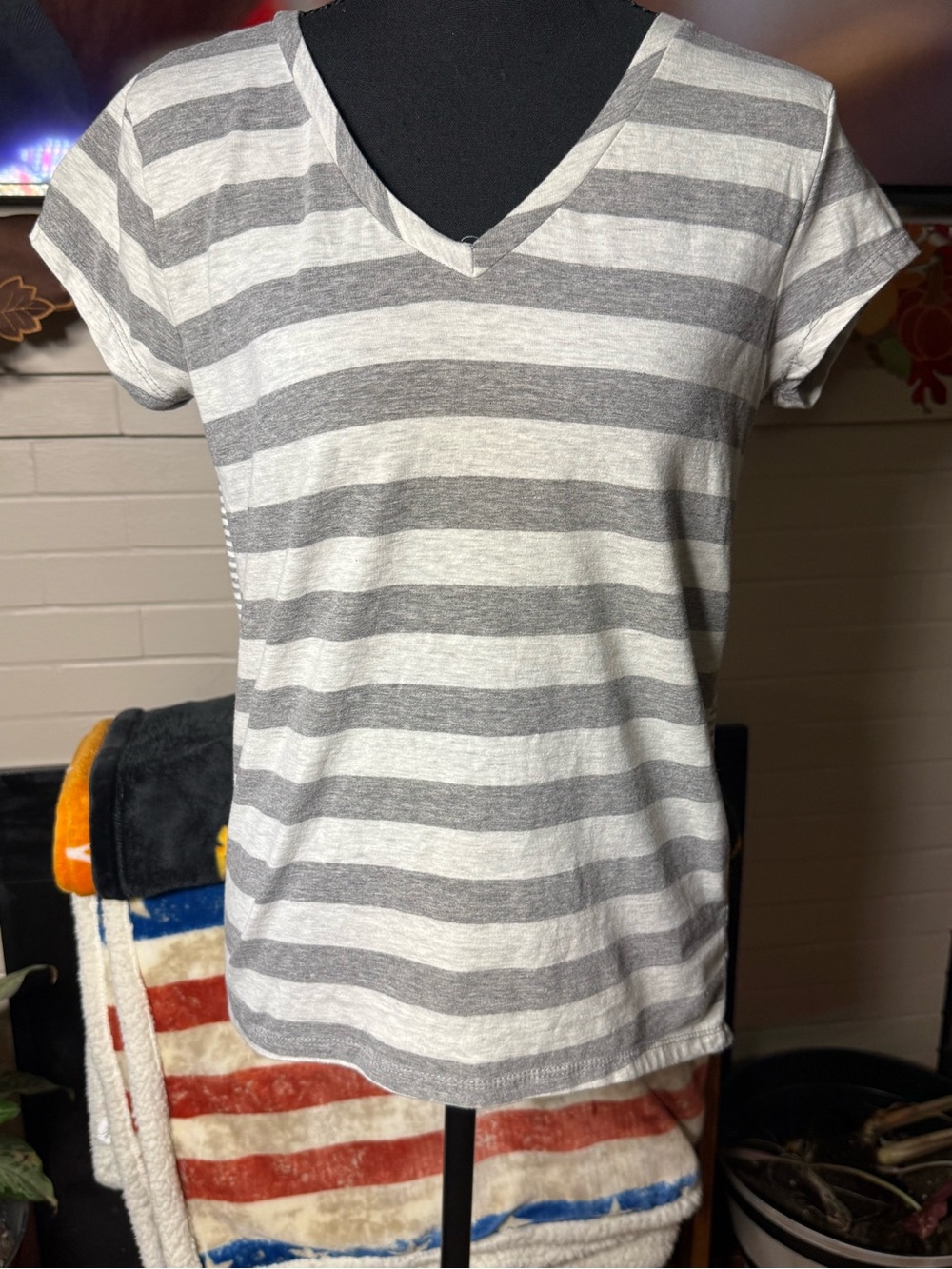 Poof! Gray and White Striped V-Neck Short Sleeve Tee